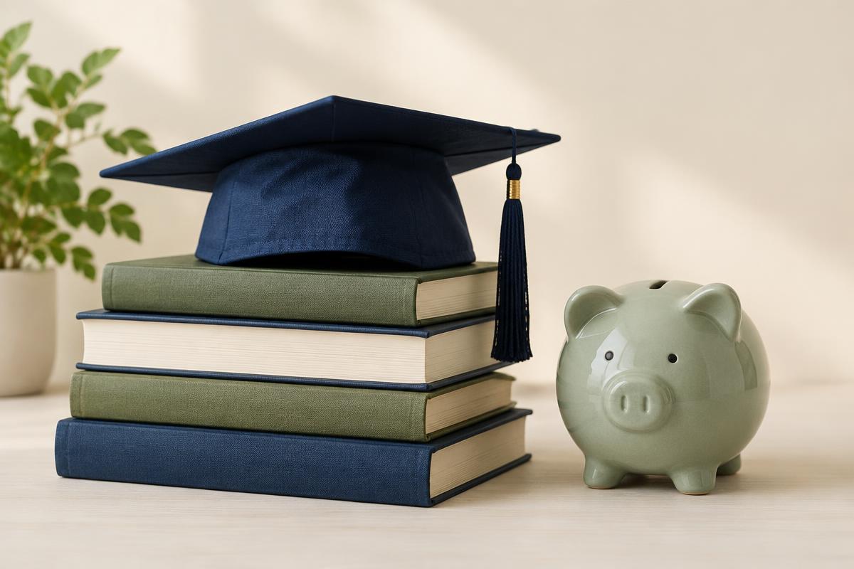 A graduation cap resting on a stack of books beside a piggy bank