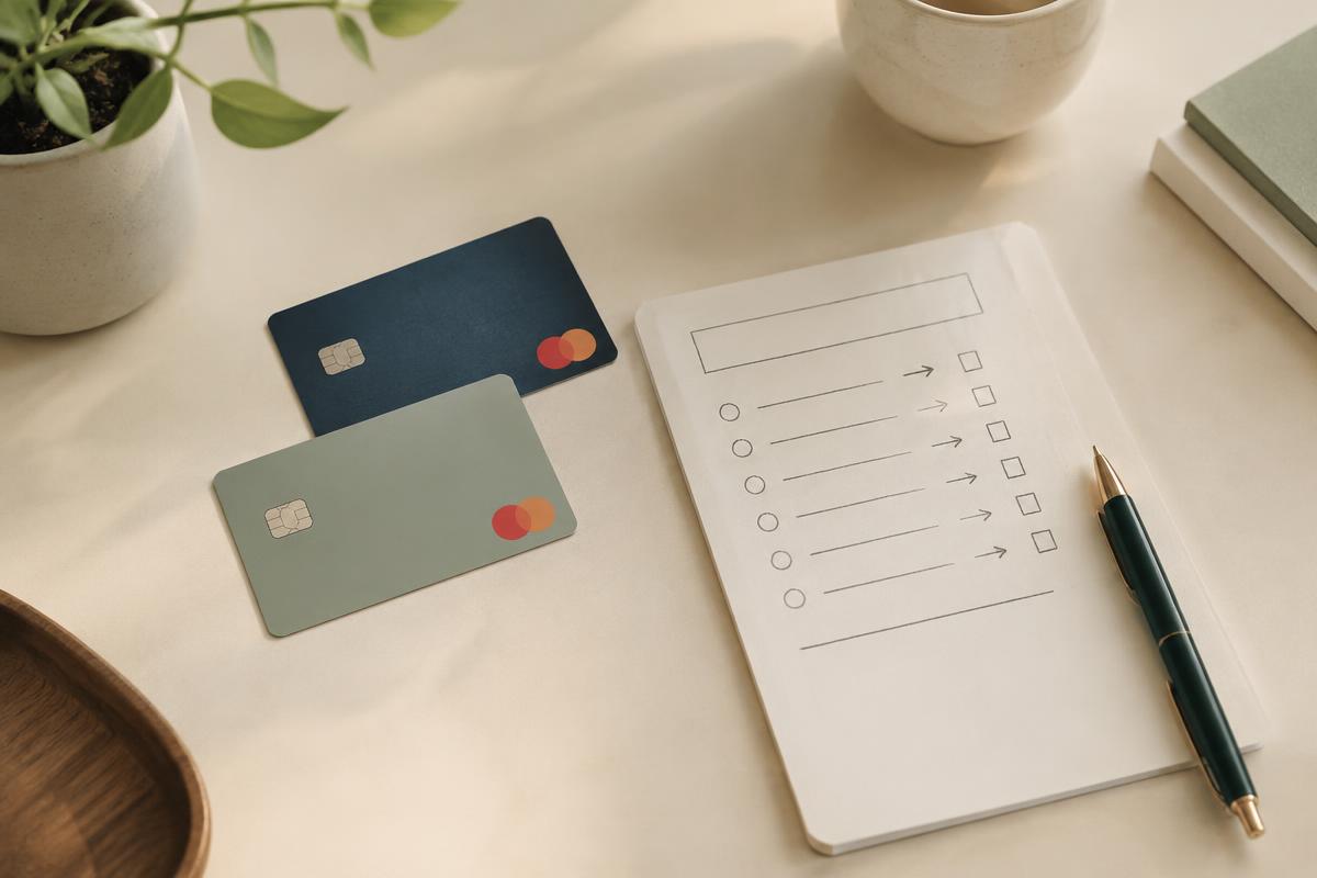 Two credit cards and a handwritten payoff checklist on a desk with a pen