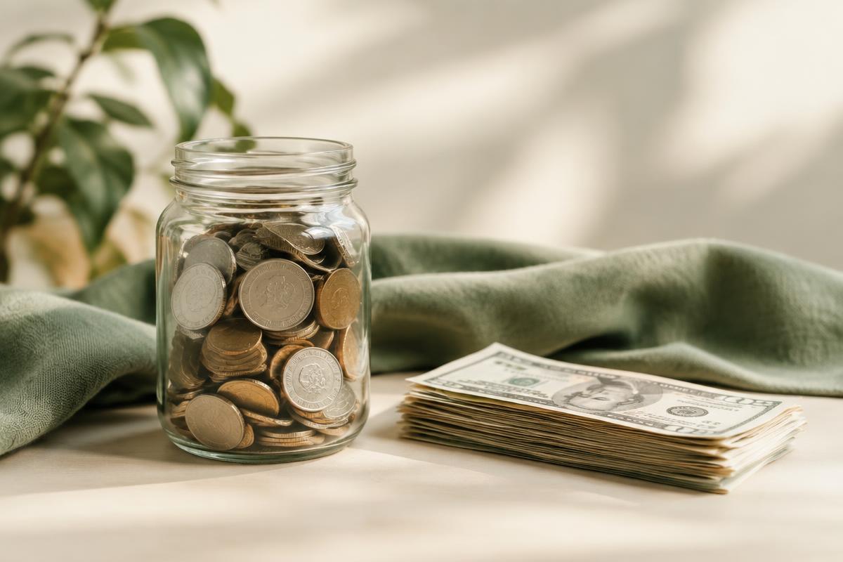 A glass jar of coins beside a small stack of bills on a warm surface