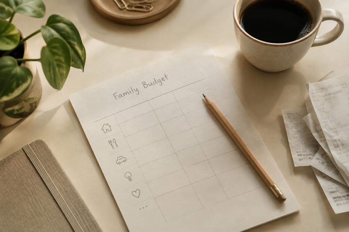 A handwritten family budget worksheet on a desk with a pencil, coffee and receipts