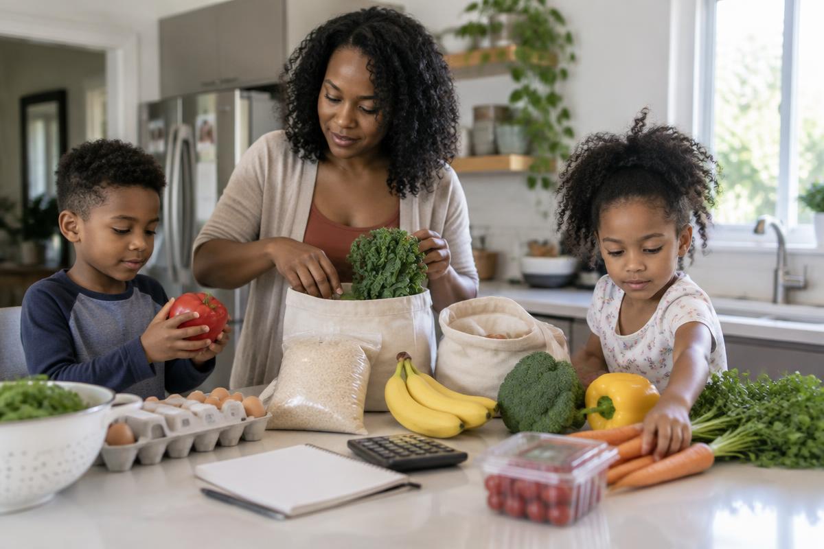 A mother and two children unpack groceries beside a notebook and calculator