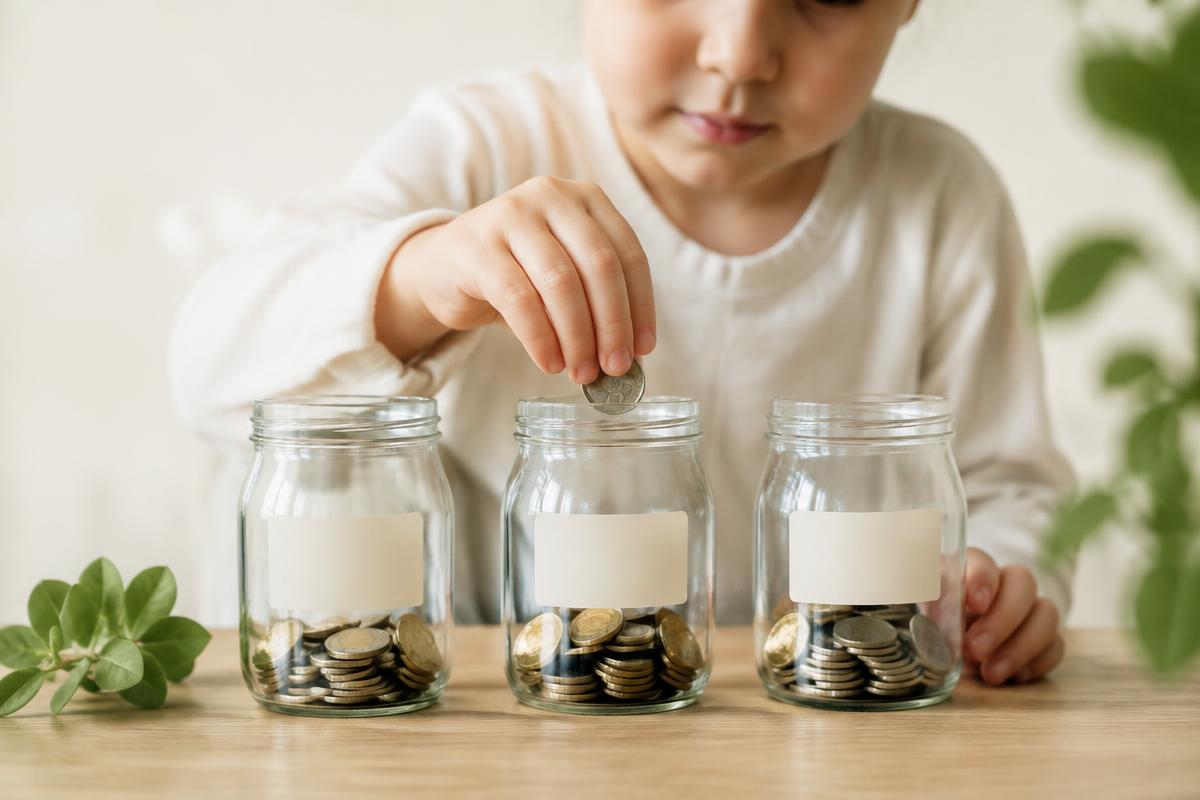 A child's hands dropping coins into three labeled jars