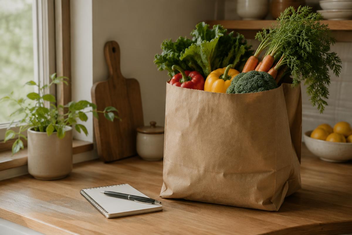 A paper grocery bag of fresh vegetables on a kitchen counter beside a shopping list