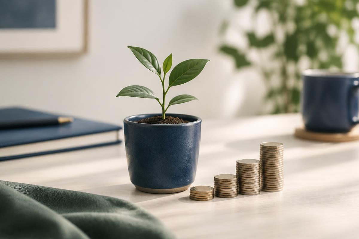 A small potted seedling growing beside a rising stack of coins on a desk
